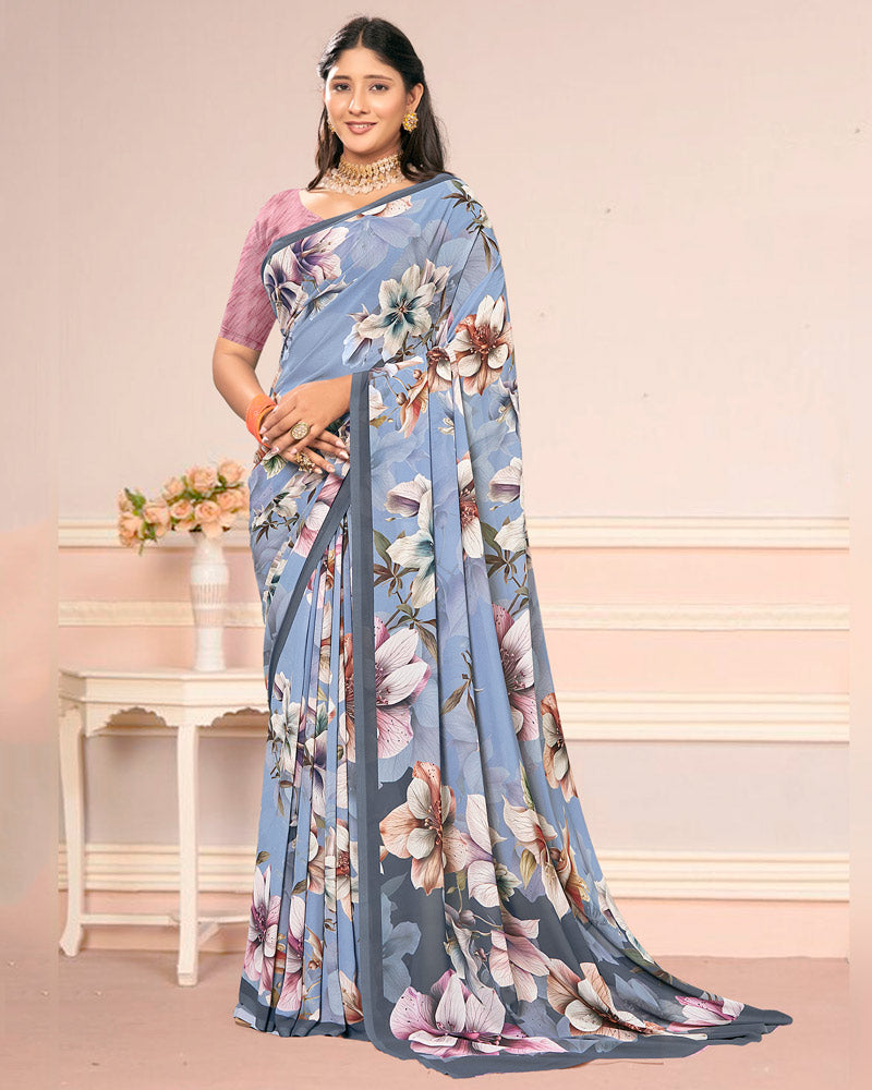 Vishal Prints Light Greyish Blue Digital Print Weightless Georgette Saree