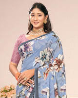 Vishal Prints Light Greyish Blue Digital Print Weightless Georgette Saree