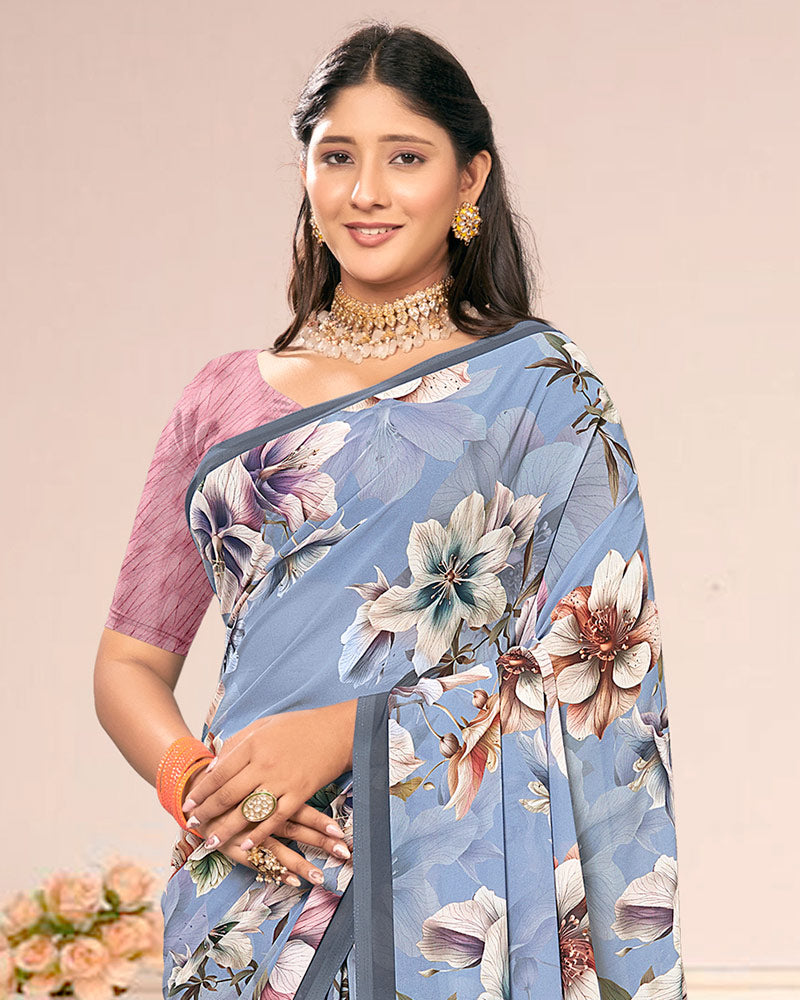 Vishal Prints Light Greyish Blue Digital Print Weightless Georgette Saree
