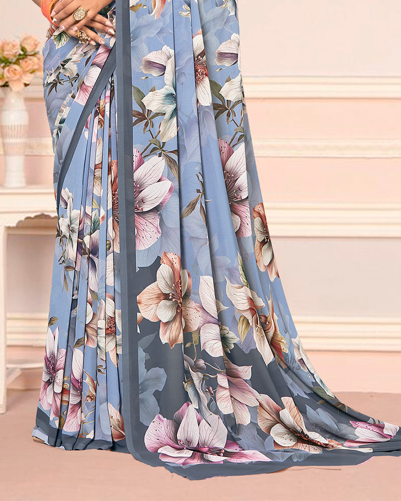 Vishal Prints Light Greyish Blue Digital Print Weightless Georgette Saree