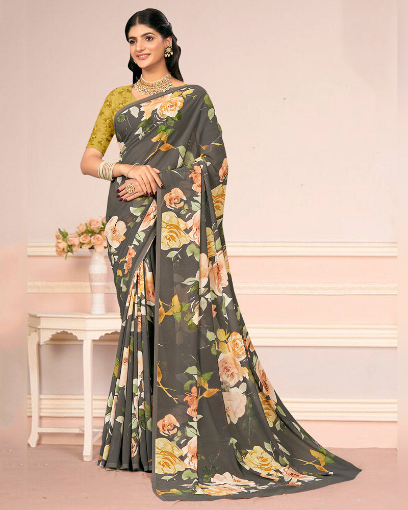 Vishal Prints Light Coffee Brown Digital Print Weightless Georgette Saree