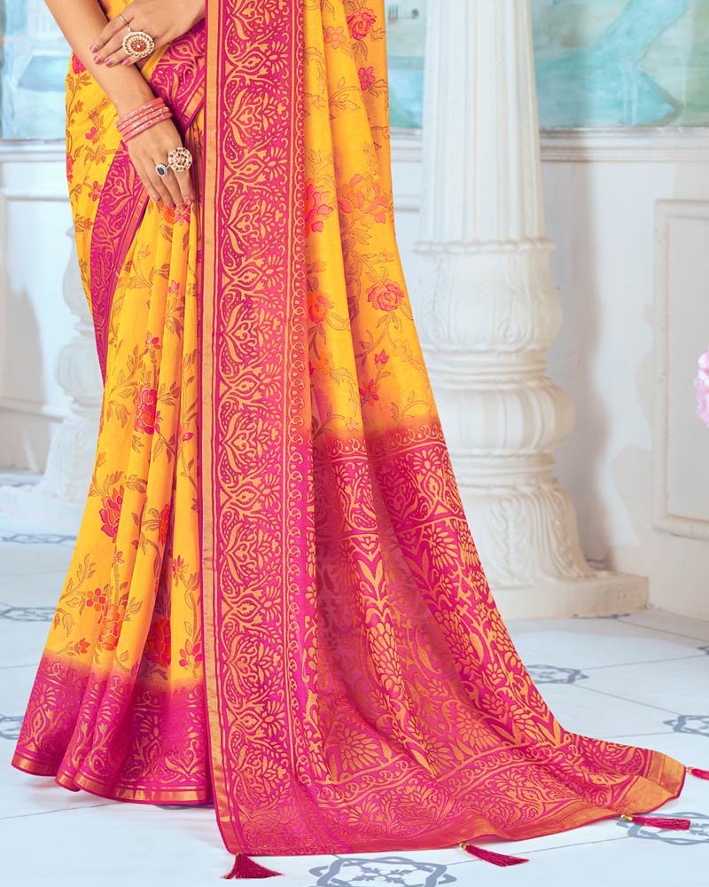 Vishal Prints Dark Yellow Designer Silk Brasso Traditional Print Saree With Tassel