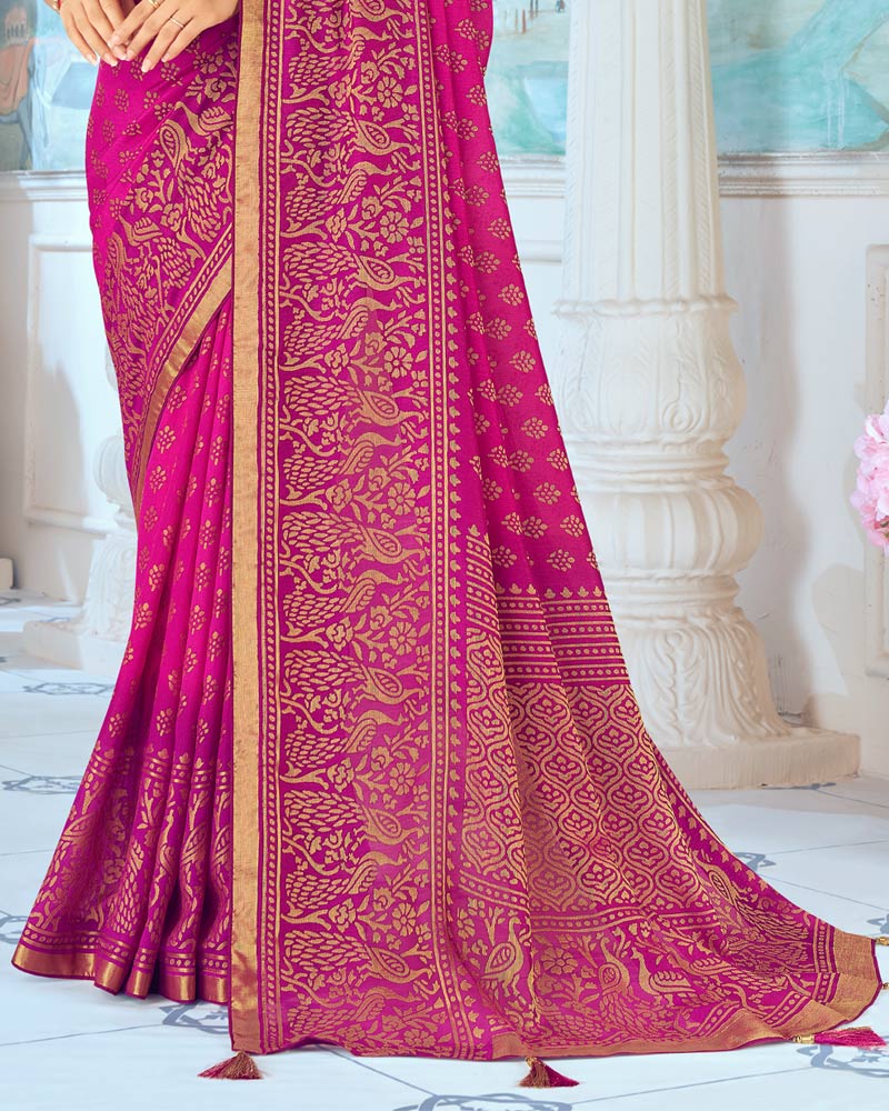 Vishal Prints Fuchsia Designer Silk Brasso Traditional Print Saree With Tassel