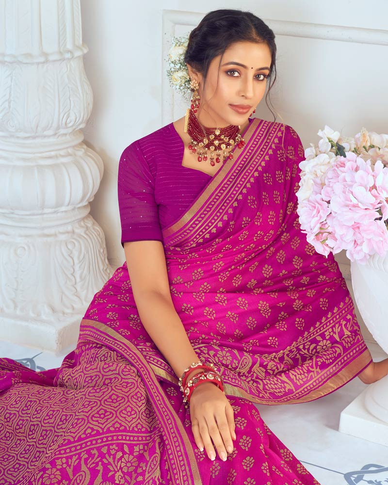 Vishal Prints Fuchsia Designer Silk Brasso Traditional Print Saree With Tassel
