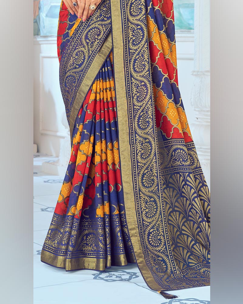 Vishal Prints Ink Blue Designer Silk Brasso Traditional Print Saree With Tassel