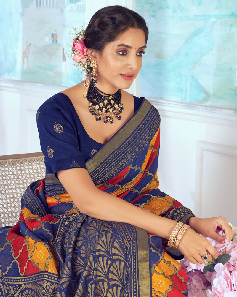 Vishal Prints Ink Blue Designer Silk Brasso Traditional Print Saree With Tassel