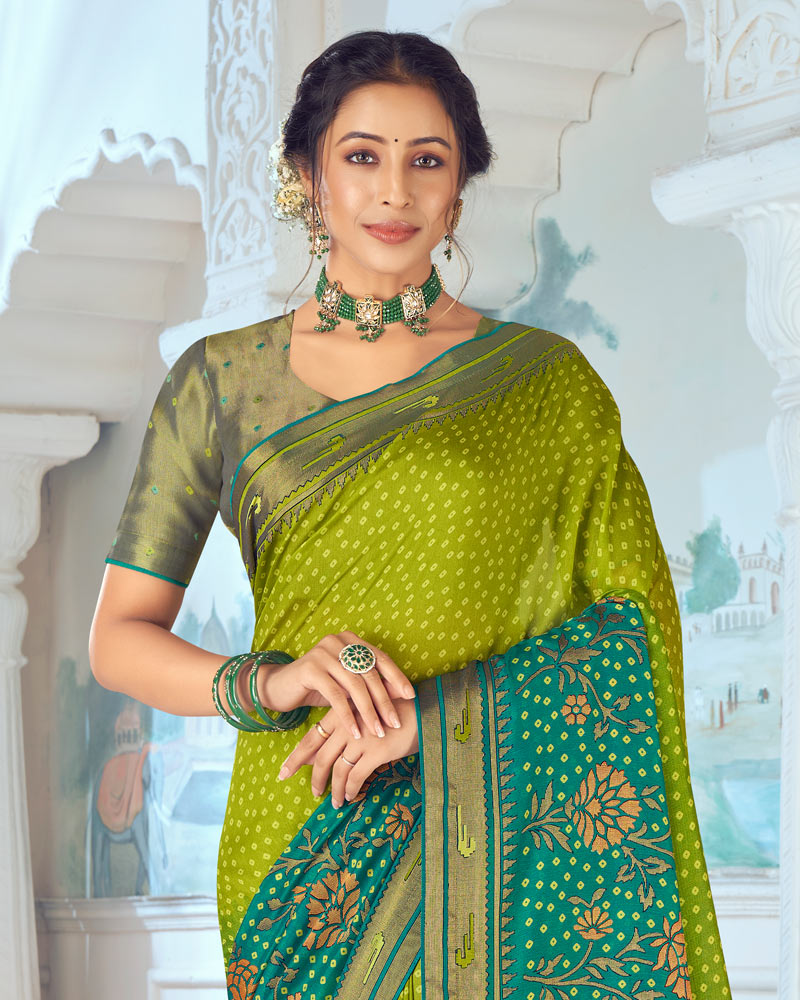 Vishal Prints Olive Yellow Designer Silk Brasso Traditional Print Saree With Tassel