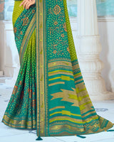 Vishal Prints Olive Yellow Designer Silk Brasso Traditional Print Saree With Tassel