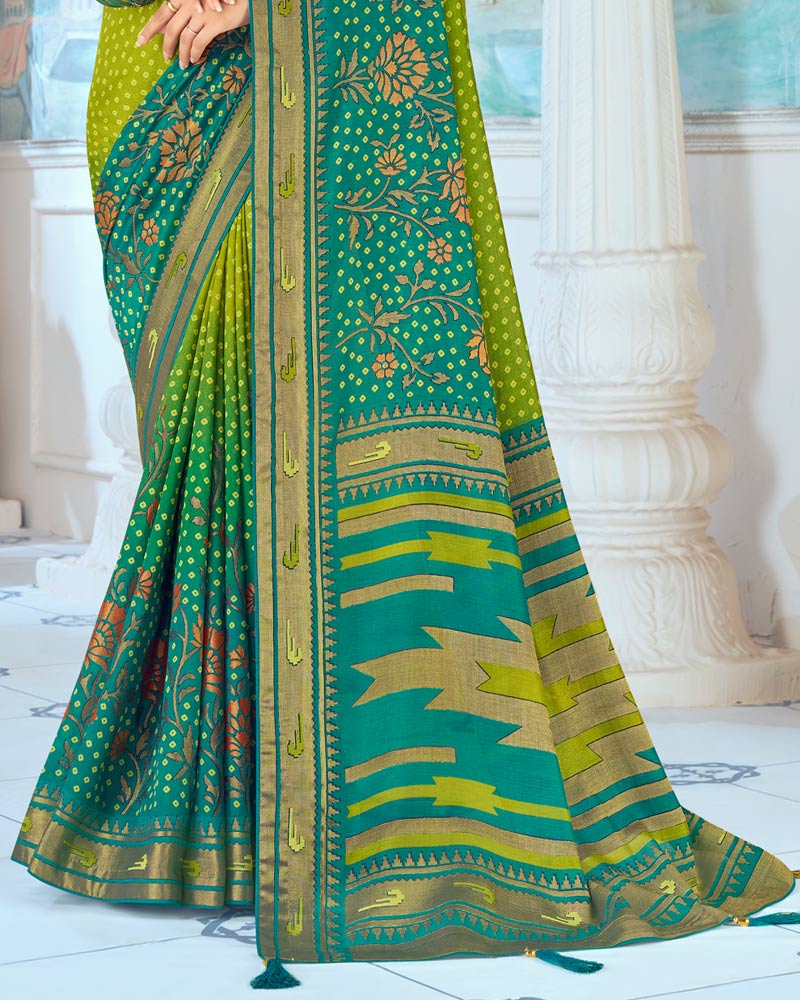 Vishal Prints Olive Yellow Designer Silk Brasso Traditional Print Saree With Tassel