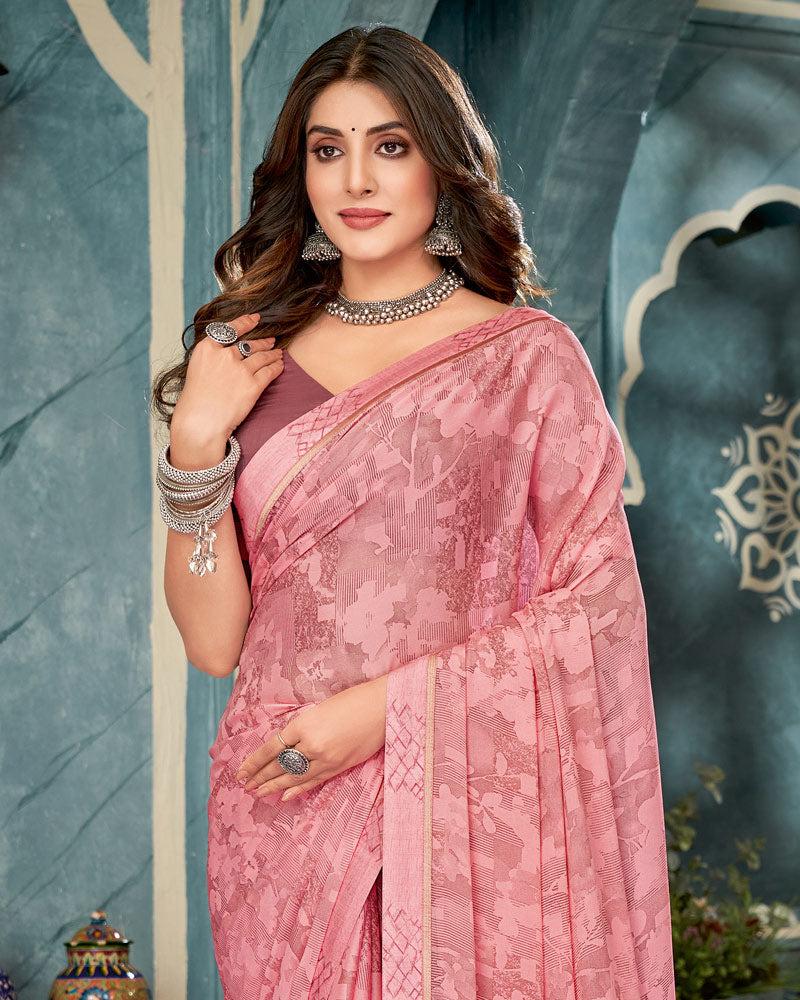 Vishal Prints Dusty Pink Printed Criva Crepe Saree With Fancy Border
