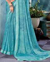 Vishal Prints Pastel Teal Blue Printed Criva Crepe Saree With Fancy Border