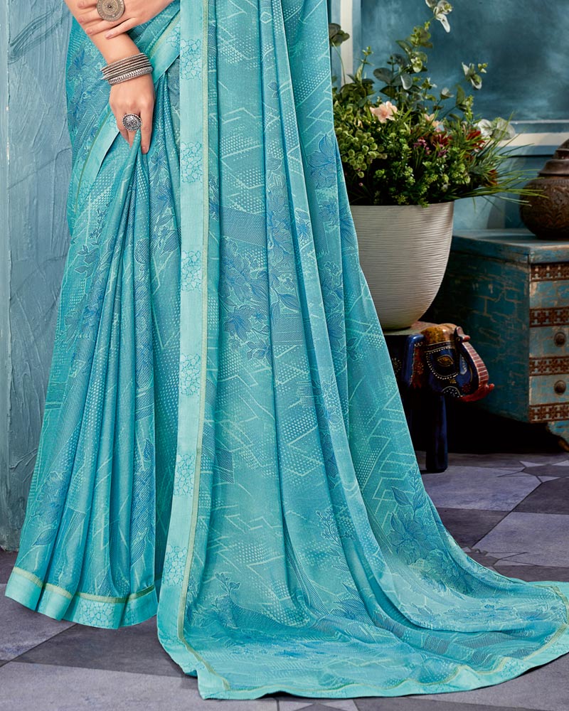 Vishal Prints Pastel Teal Blue Printed Criva Crepe Saree With Fancy Border