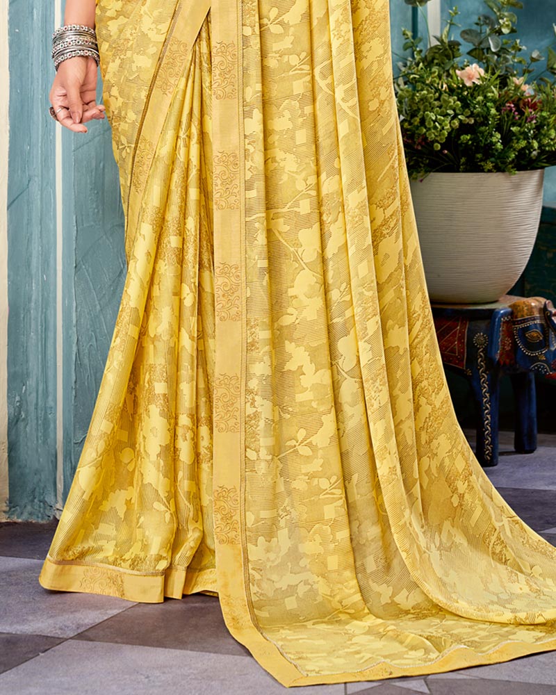 Vishal Prints Light Mustard Printed Criva Crepe Saree With Fancy Border