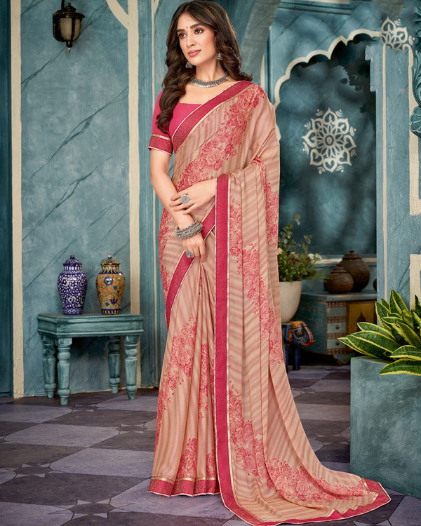 Vishal Prints Dusty Red Printed Criva Crepe Saree With Fancy Border