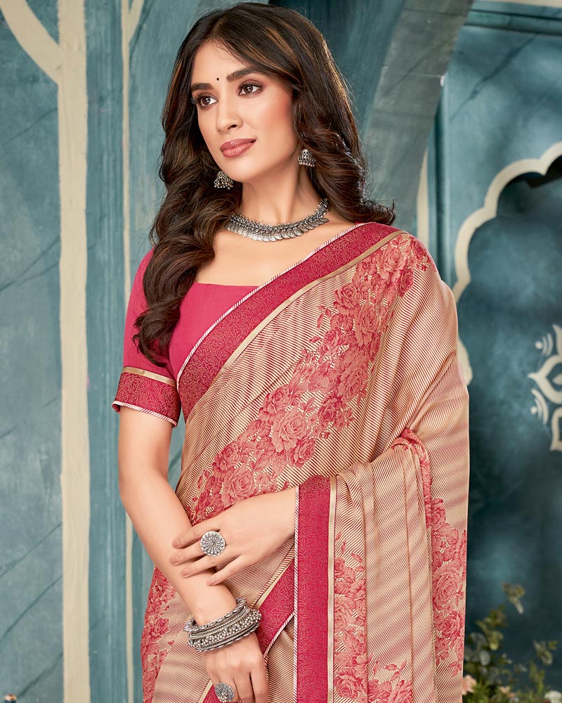 Vishal Prints Dusty Red Printed Criva Crepe Saree With Fancy Border