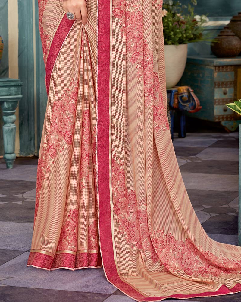Vishal Prints Dusty Red Printed Criva Crepe Saree With Fancy Border