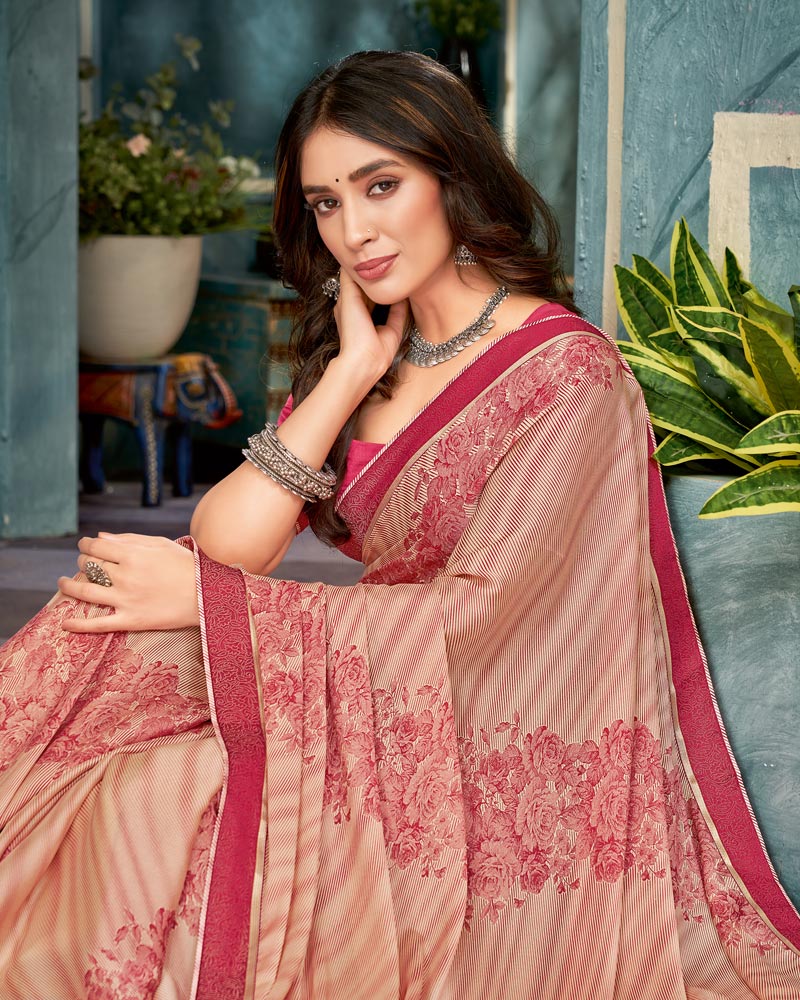 Vishal Prints Dusty Red Printed Criva Crepe Saree With Fancy Border