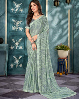 Vishal Prints Mist Green Printed Criva Crepe Saree With Fancy Border