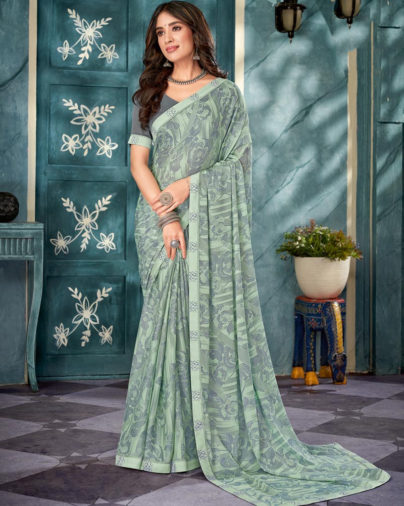 Vishal Prints Mist Green Printed Criva Crepe Saree With Fancy Border