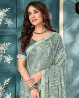Vishal Prints Mist Green Printed Criva Crepe Saree With Fancy Border