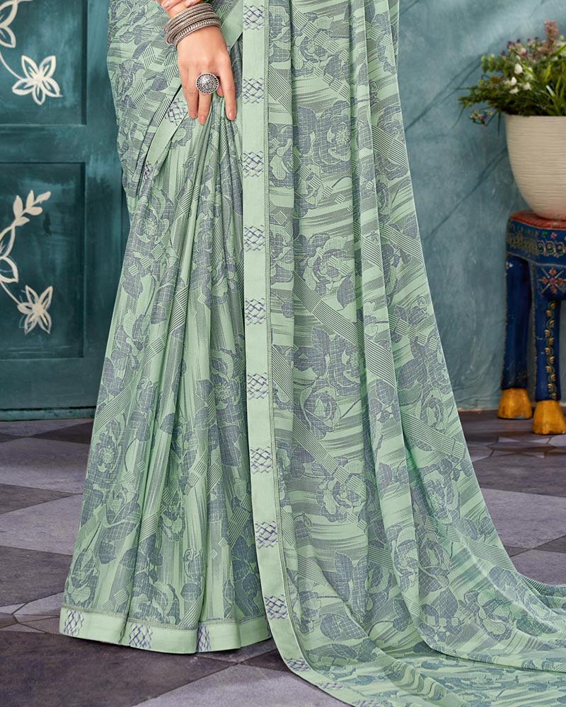 Vishal Prints Mist Green Printed Criva Crepe Saree With Fancy Border