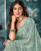 Vishal Prints Mist Green Printed Criva Crepe Saree With Fancy Border