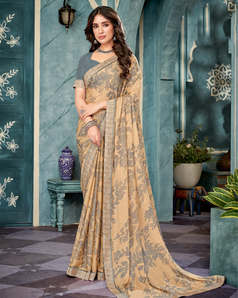 Vishal Prints Sandy Beige Printed Criva Crepe Saree With Fancy Border