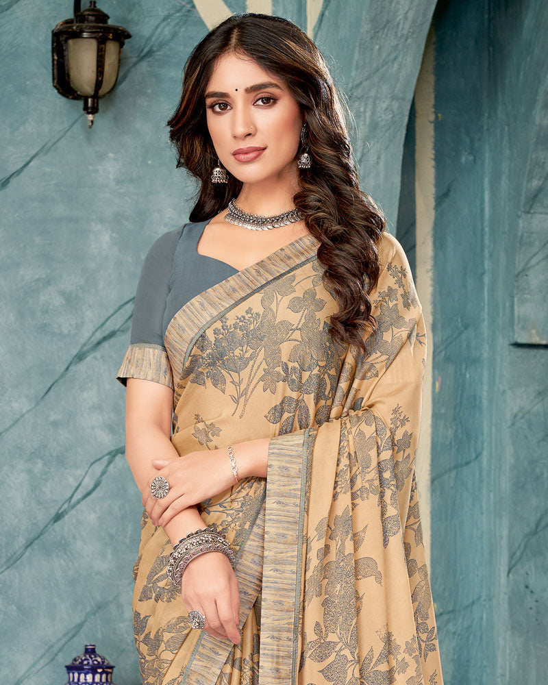 Vishal Prints Sandy Beige Printed Criva Crepe Saree With Fancy Border