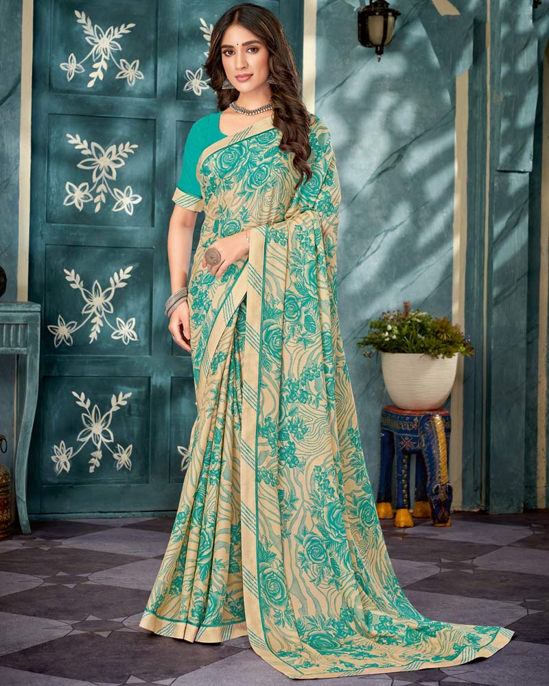 Vishal Prints Royal Beige Printed Criva Crepe Saree With Fancy Border