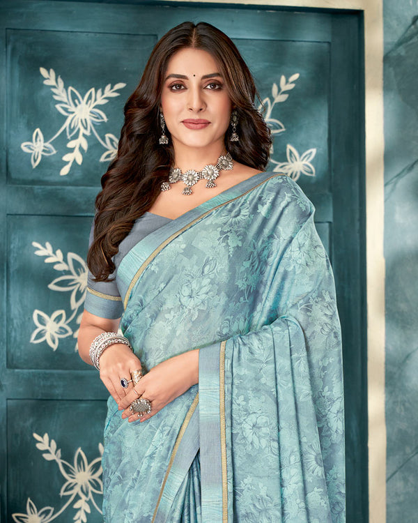 Vishal Prints Jet Stream Blue Printed Criva Crepe Saree With Fancy Border