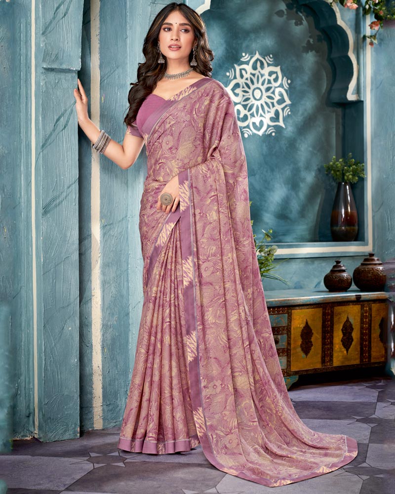 Vishal Prints Old Rose Printed Criva Crepe Saree With Fancy Border