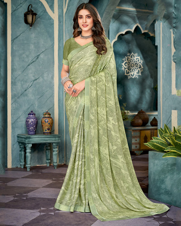 Vishal Prints Pastel Olive Printed Criva Crepe Saree With Fancy Border