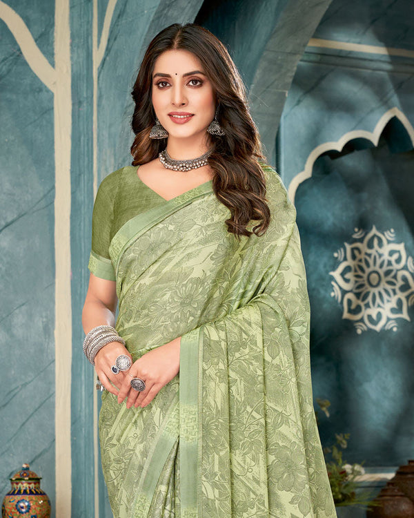 Vishal Prints Pastel Olive Printed Criva Crepe Saree With Fancy Border