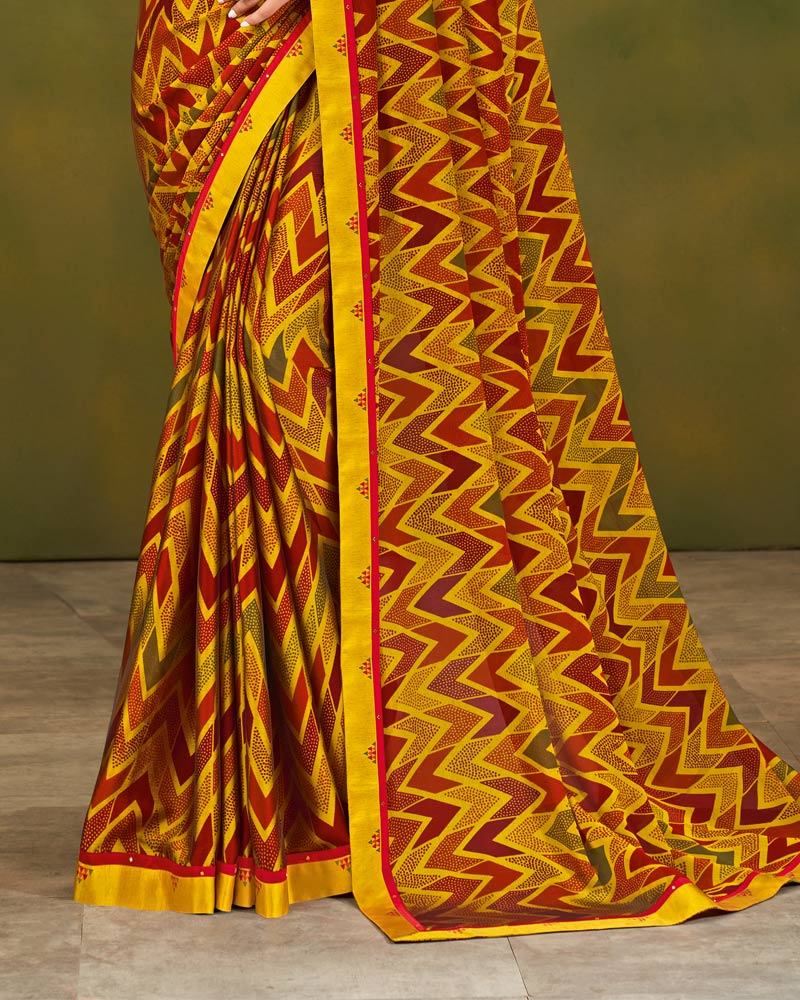 Vishal Prints Mustard Printed Chiffon Saree With Fancy Border