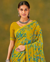 Vishal Prints Mustard Printed Chiffon Saree With Fancy Border