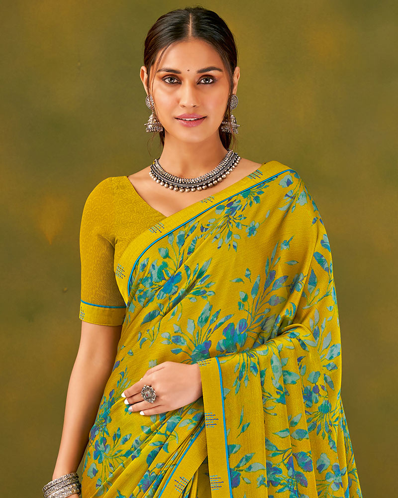 Vishal Prints Mustard Printed Chiffon Saree With Fancy Border