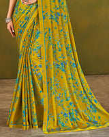 Vishal Prints Mustard Printed Chiffon Saree With Fancy Border