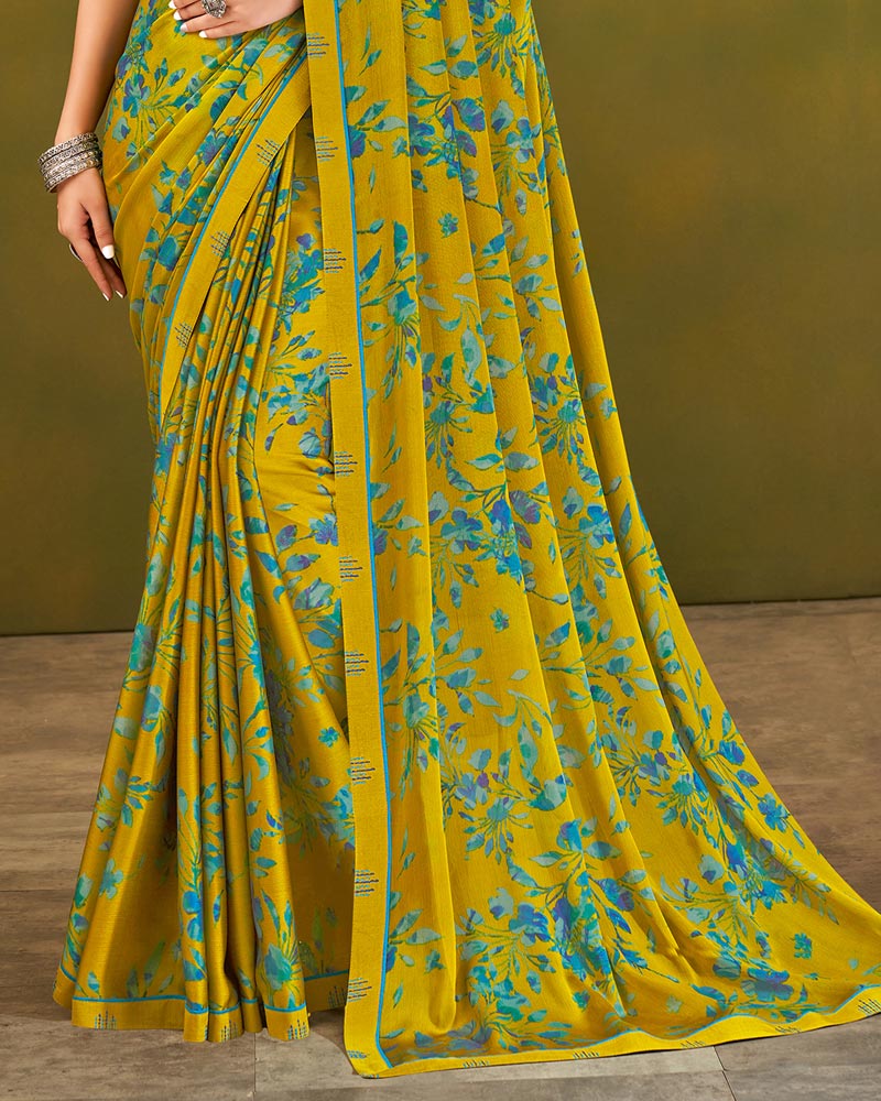 Vishal Prints Mustard Printed Chiffon Saree With Fancy Border