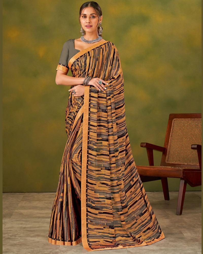 Vishal Prints Orange Printed Chiffon Saree With Fancy Border
