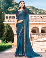 Vishal Prints Ink Blue Moss Chiffon Printed Saree With Border