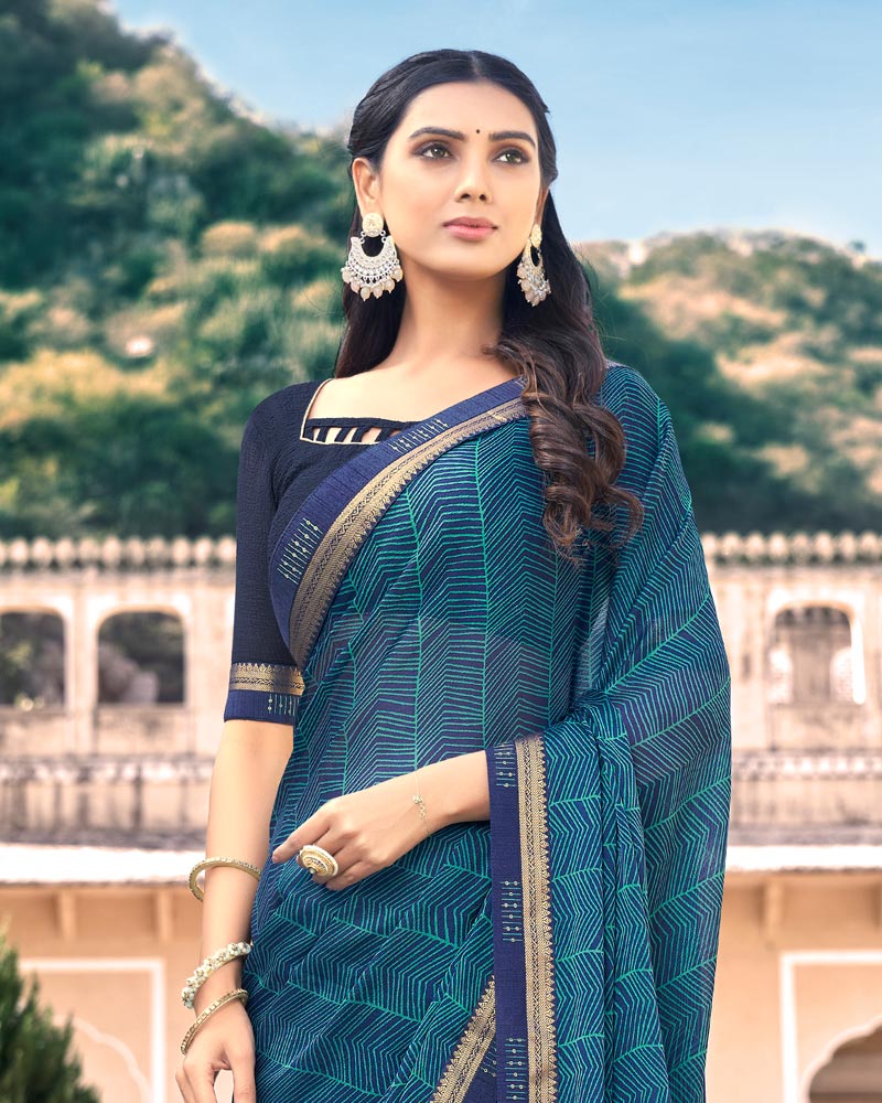 Vishal Prints Ink Blue Moss Chiffon Printed Saree With Border