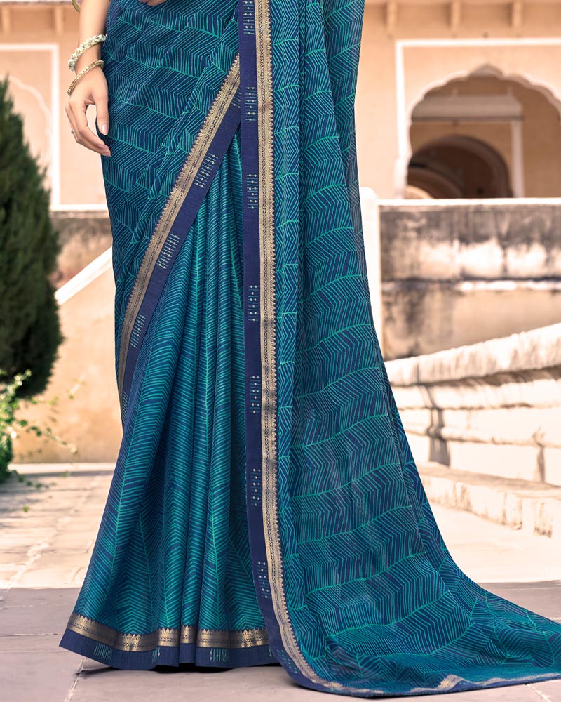 Vishal Prints Ink Blue Moss Chiffon Printed Saree With Border