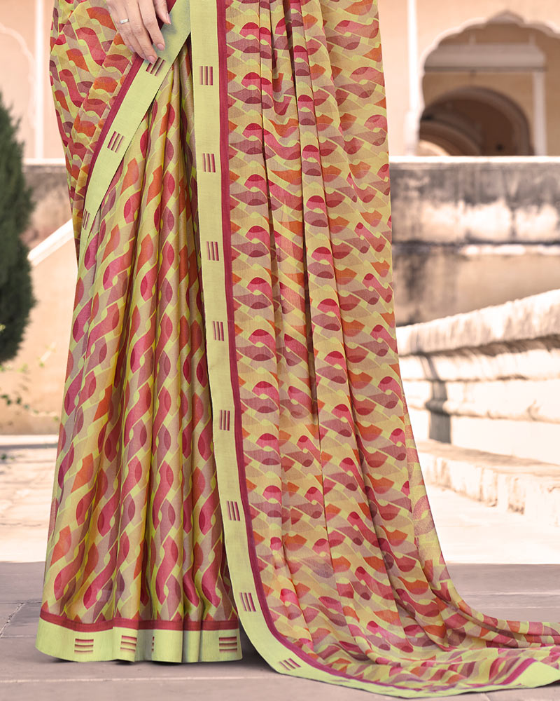 Vishal Prints Lime Yellow Moss Chiffon Printed Saree With Border
