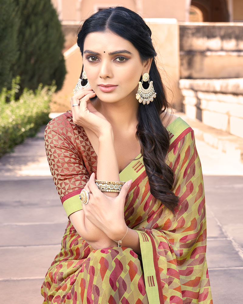 Vishal Prints Lime Yellow Moss Chiffon Printed Saree With Border