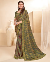 Vishal Prints Dark Olive Green Printed Chiffon Saree With Fancy Border