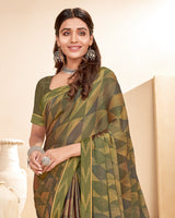 Vishal Prints Dark Olive Green Printed Chiffon Saree With Fancy Border