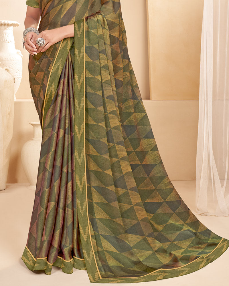 Vishal Prints Dark Olive Green Printed Chiffon Saree With Fancy Border