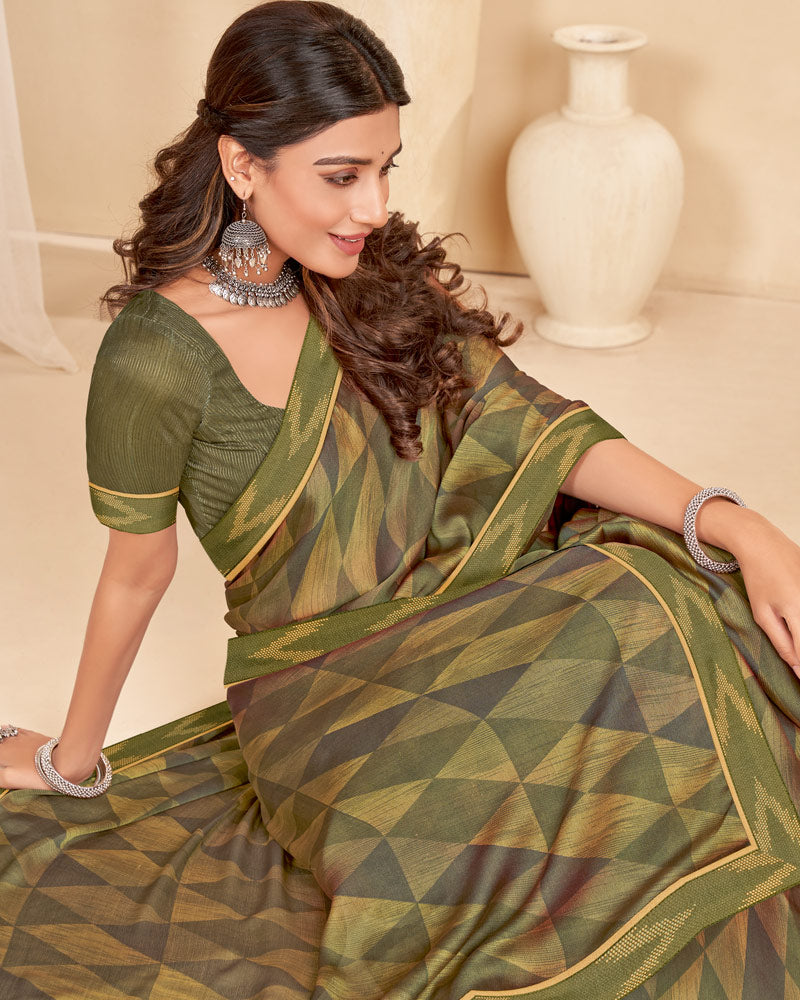 Vishal Prints Dark Olive Green Printed Chiffon Saree With Fancy Border