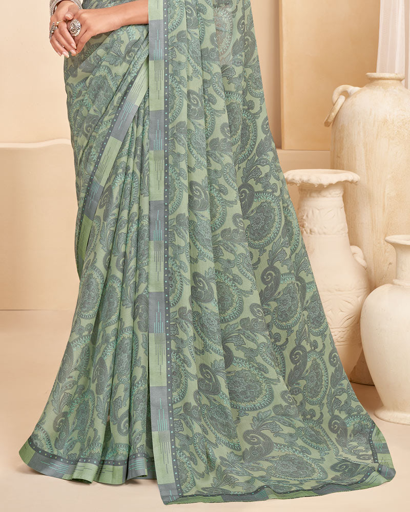 Vishal Prints Mist Green Printed Chiffon Saree With Fancy Border