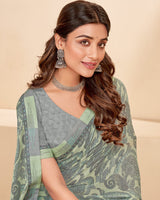 Vishal Prints Mist Green Printed Chiffon Saree With Fancy Border
